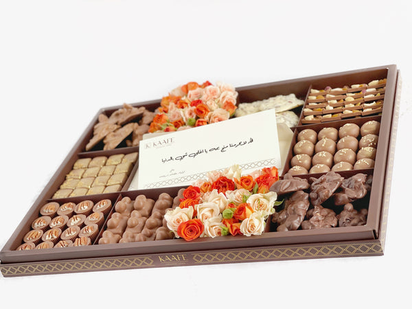 Chocolate Gift box with flowers and card - علبة شوكولا هدية مع ورد وبطاقة